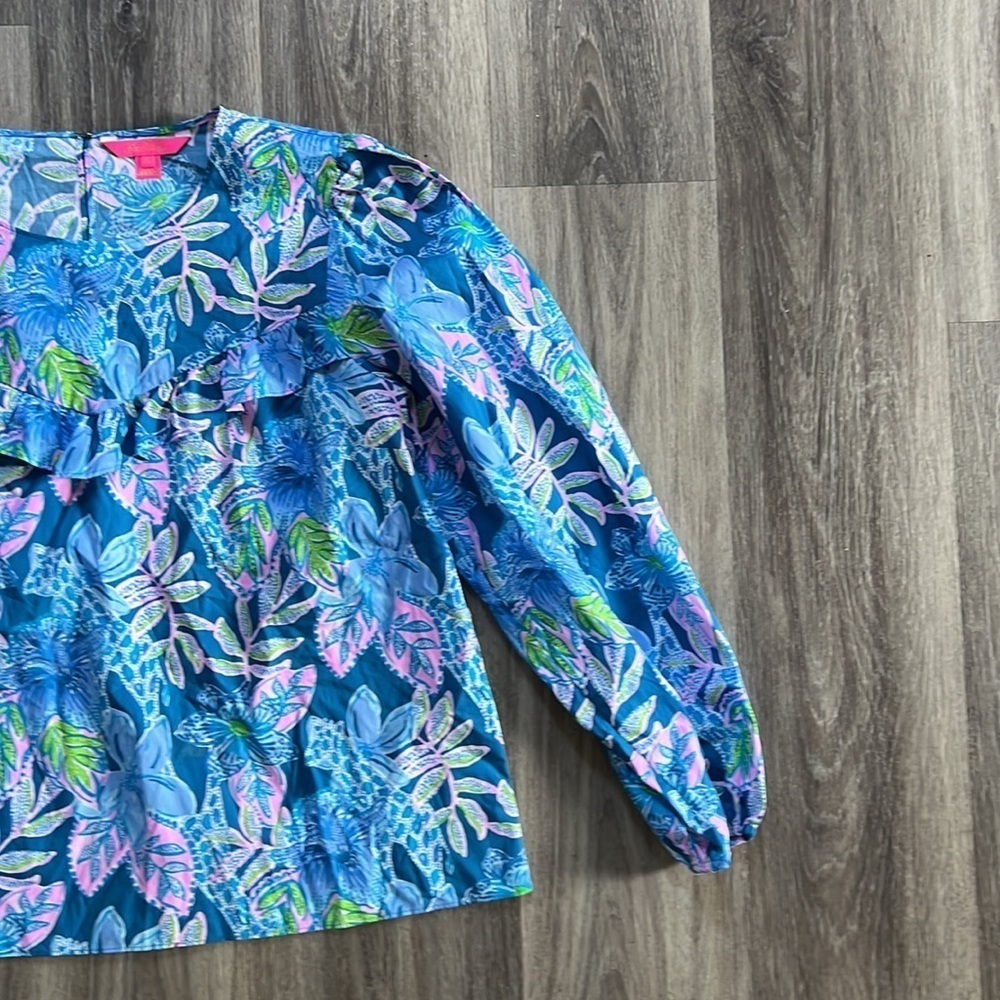 Lilly Pulitzer Blue Bell Sleeve Blouse XL Multicolor Ruffle Cotton Top Summer - Picture 7 of 11